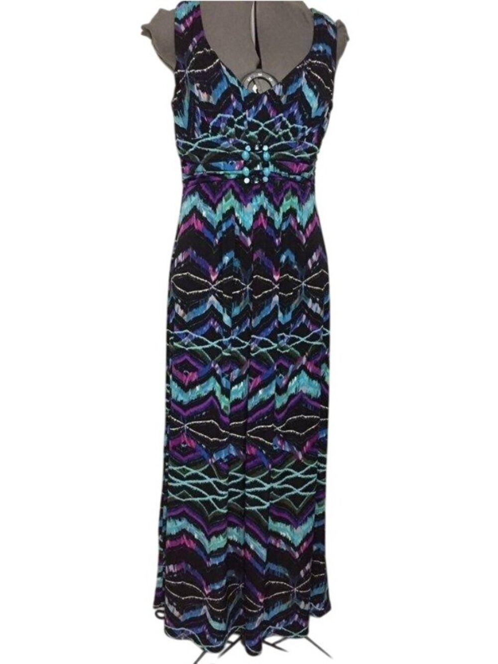 Bisou Bisou Michelle Bohbot Maxi Dress Womens 10P Petite Beaded Chevron Used - Picture 4 of 16